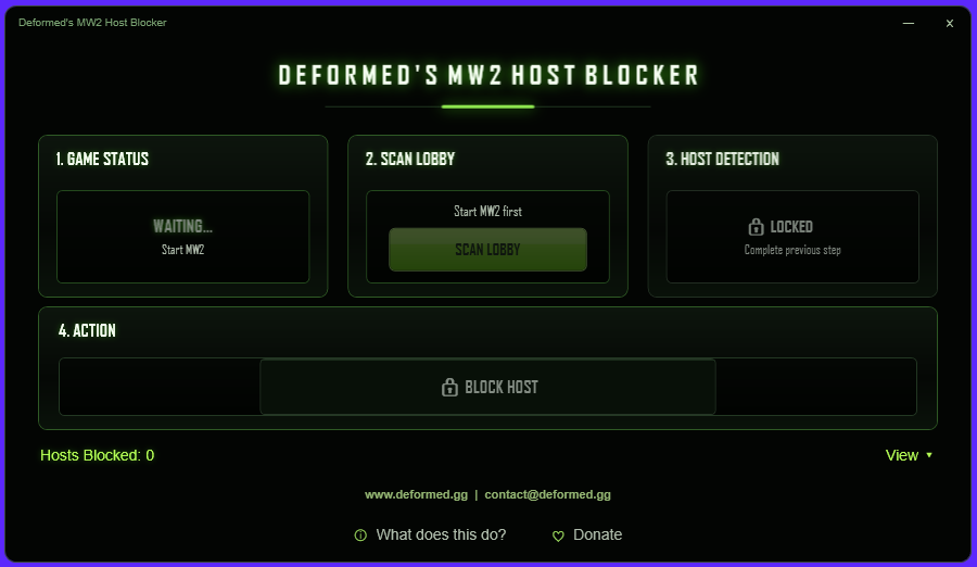 MW2 Host Blocker app - game status, scan lobby, host detection, and block action panels